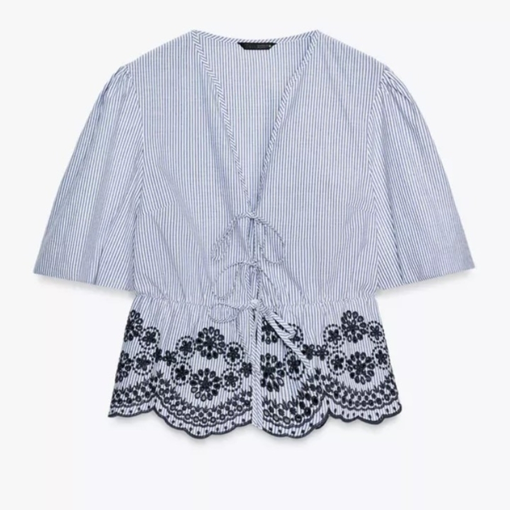 Zara Blue Striped Blouse with Black Embroidery